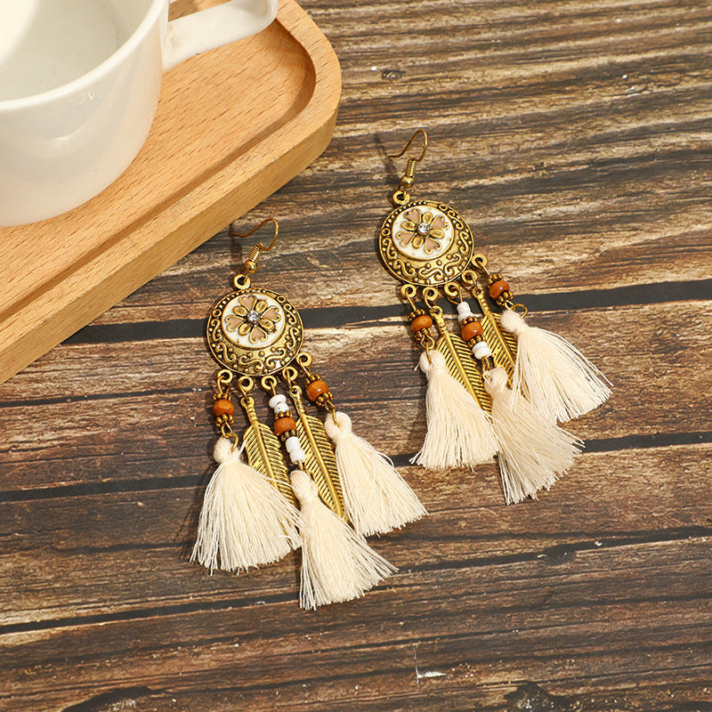 Wholesale White Feather Tassel Long Vintage Earrings